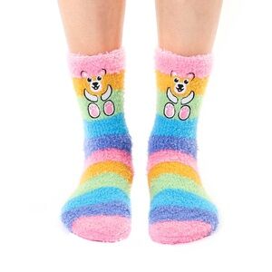 Fuzzy Crew Socks - Teddy Bears - Rainbow Stripes